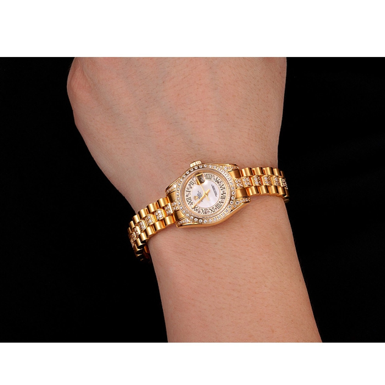 Aaa replica watch Diamond Swiss 1453957 Pave White Dial Bracelet DayJust Rolex Diamond Gold 0625